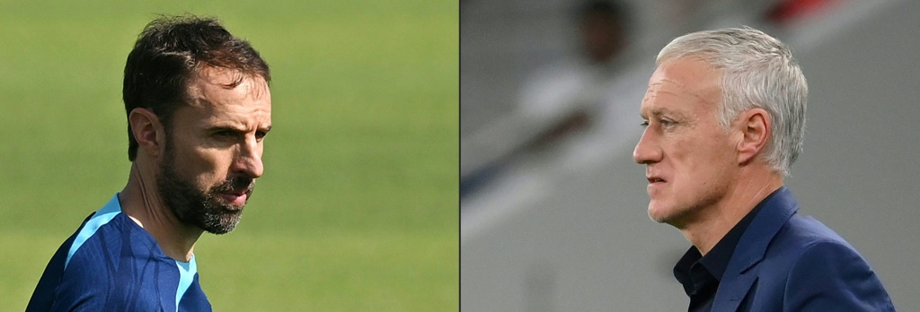 Les sélectionneurs anglais Gareth Southgate (à gauche) et français Didier Deschamps (à droite) dont les équipes s'affronteront le 10 décembre (20h00) à Doha en quart de finale du Mondial-2022 au Qatar