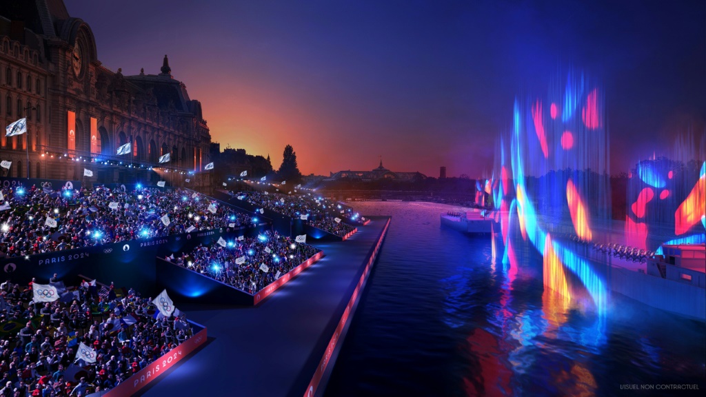 Cette illustration publiée le 15 décembre 2021 par le Comité d'organisation des Jeux (Cojo) de Paris 2024 montre à quoi ressemblera la cérémonie d'ouverture prévue sur la Seine