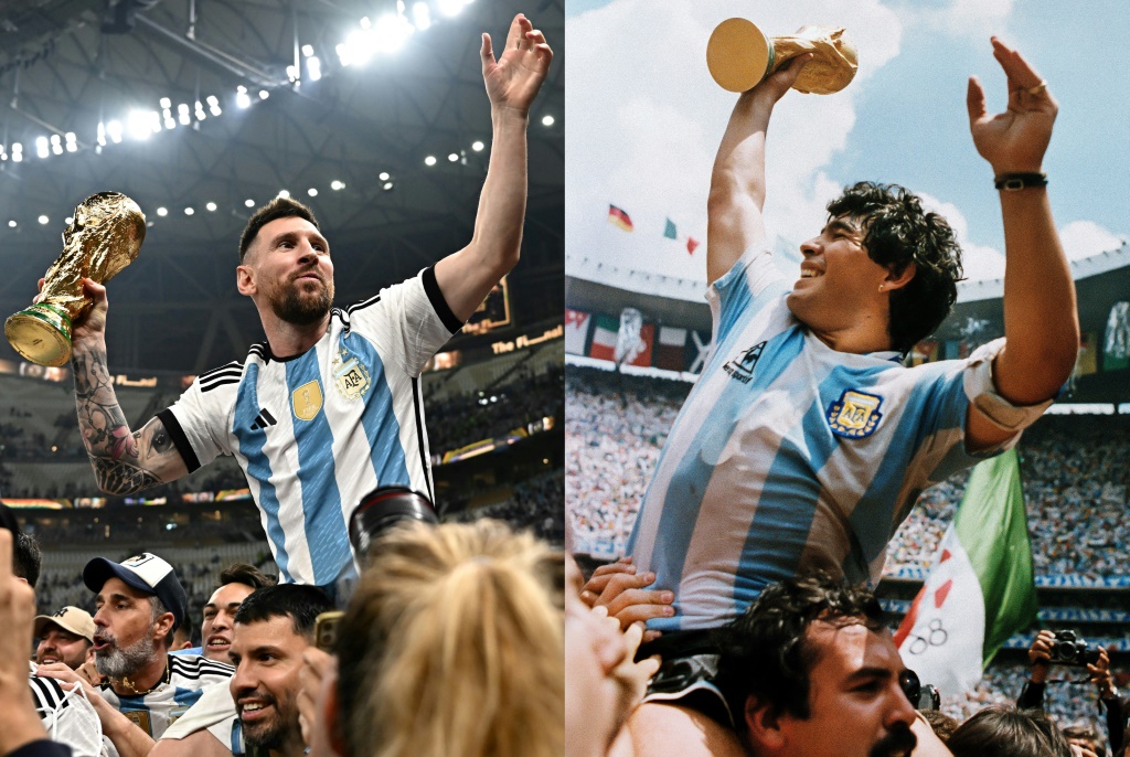 Les champions du monde argentins Lionel Messi (g) en 2022 à Doha et Diego Maradona en 1986 à Mexico