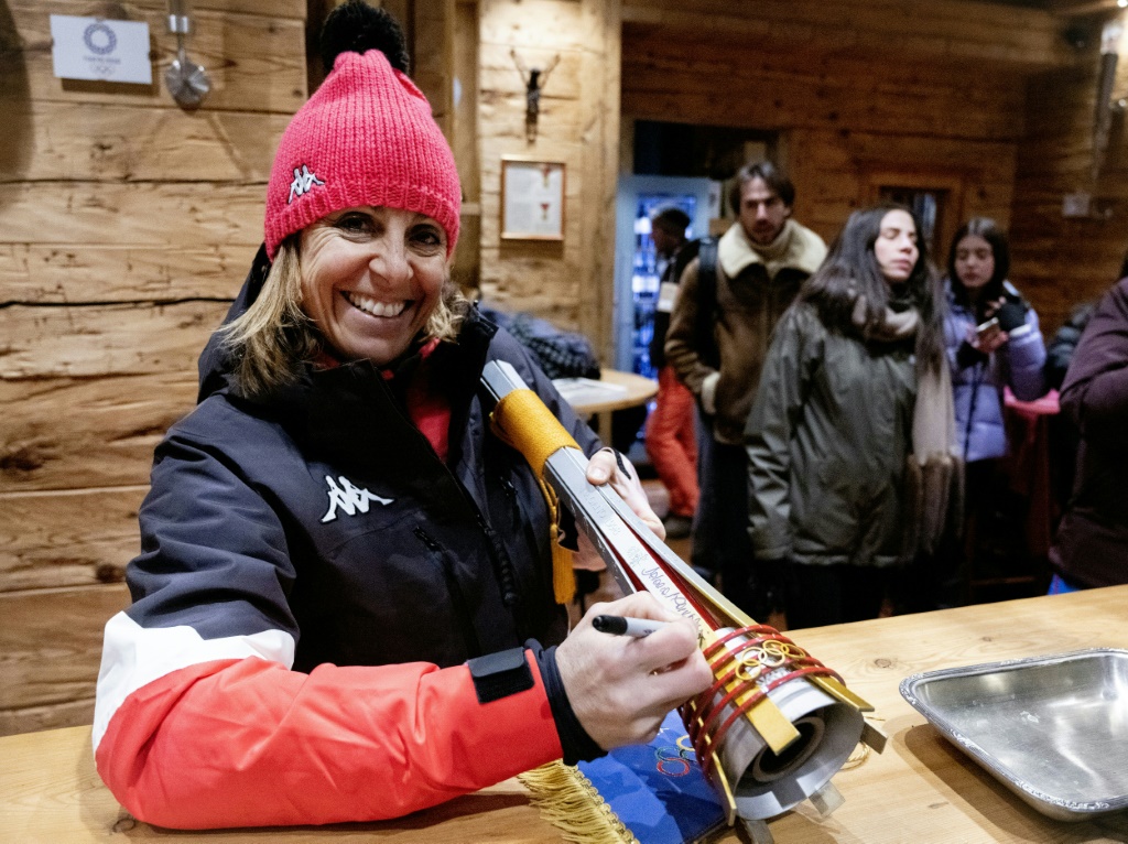 L'ancienne skieuse italienne Deborah Compagnoni le 20 janvier 2023 au restaurant Passetto de Cortina d'Ampezzo. Son patron