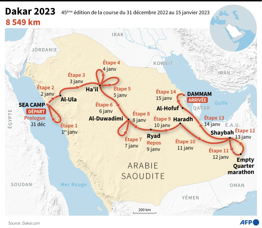 Carte du tracé du Dakar 2023 en Arabie saoudite