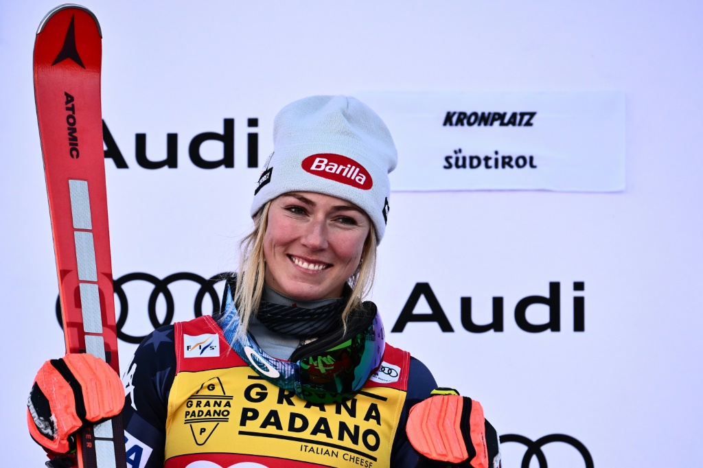 La skieuse américaine Mikaela Shiffrin après sa victoire dans le slalom de Kronplatz (Plan de Corones) comptant pour la Coupe du monde de ski alpin et disputé le mercredi 25 janvier 2023.