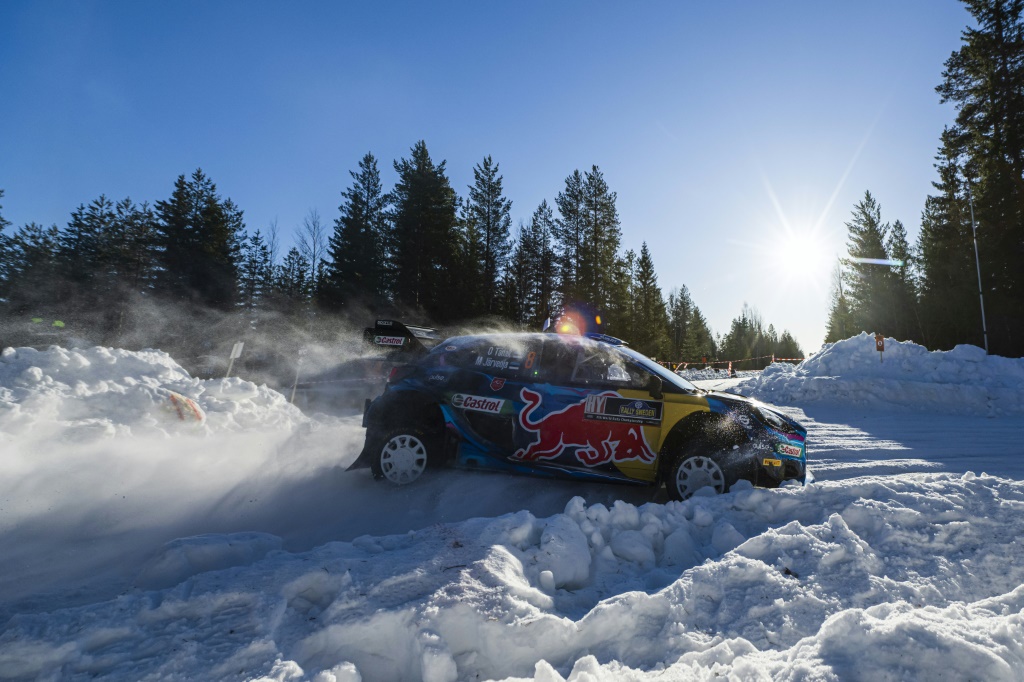 Le pilote estonien Ott Tänak au volant de sa MSport-Ford samedi lors de la troisième journée du rallye de Suède comptant pour le championnat du monde WRC le 11 février 2023.