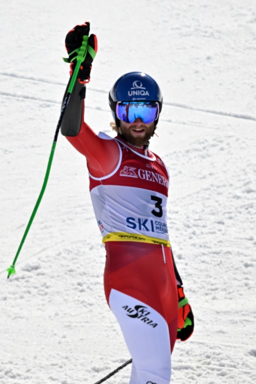 L'Autrichien Marco Schwarz dans l'aire d'arrivée de la seconde manche du slalom géant des Mondiaux le 17 février 2023 à Courchevel