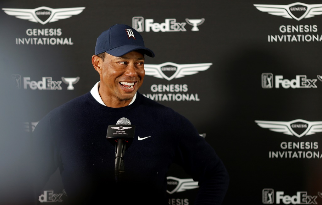 Tiger Woods lors de la conférence de presse organisée après son premier tour au Genesis Invitational, le 16 février 2023 à Pacific Palisades, en Californie