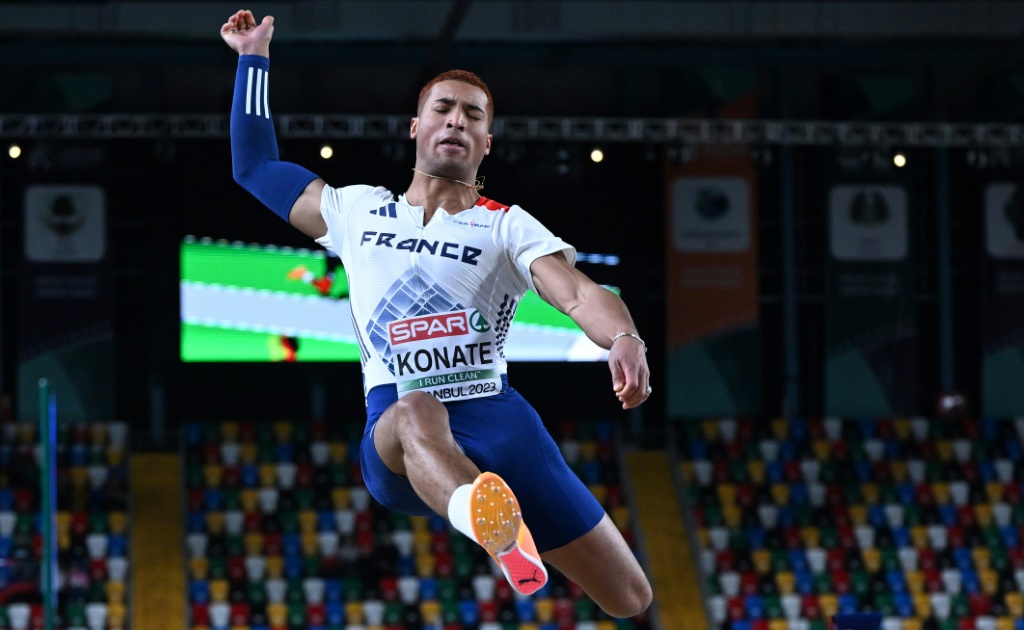 Le sauteur en longueur français Erwan Konaté lors l'Euro d'athlétisme en salle