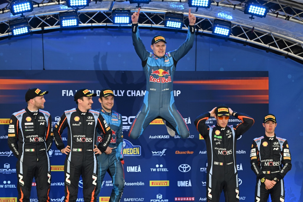 Le podium du dernier rallye de Suède, en championnant du monde WRC, le 12 février 2023 à Umea