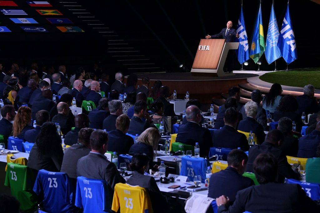La salle du 73e congrès de la Fifa à Kigali lors de la réélection comme président du Suisse Gianni Infantino le 16 mars 2023