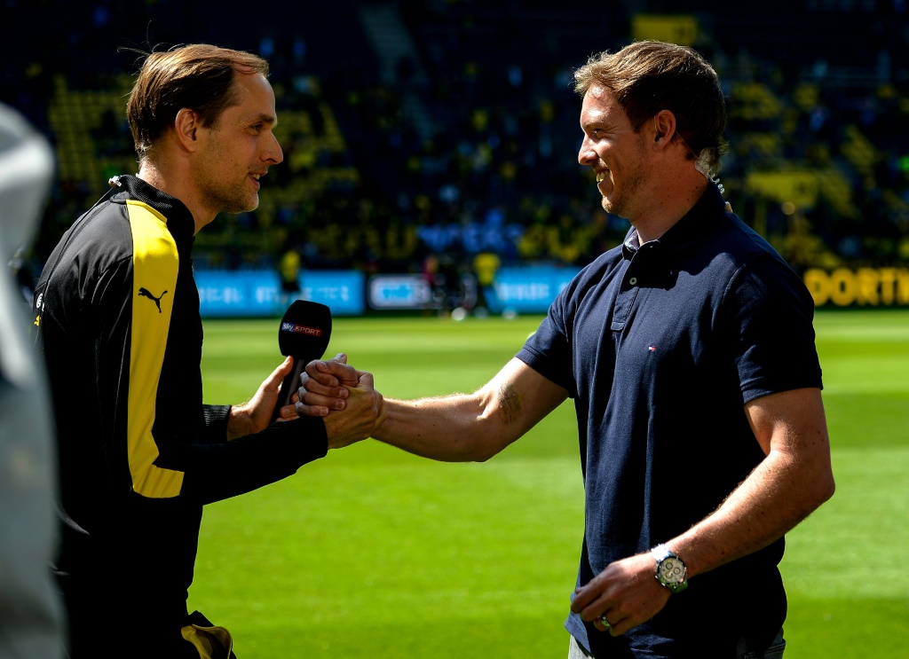 Thomas Tuchel (à gauche) et Julian Nagelsmann, en mai 2017 à l'époque ou le premier était entraîneur de Dortmund et Nagelsmann de Hoffenheim