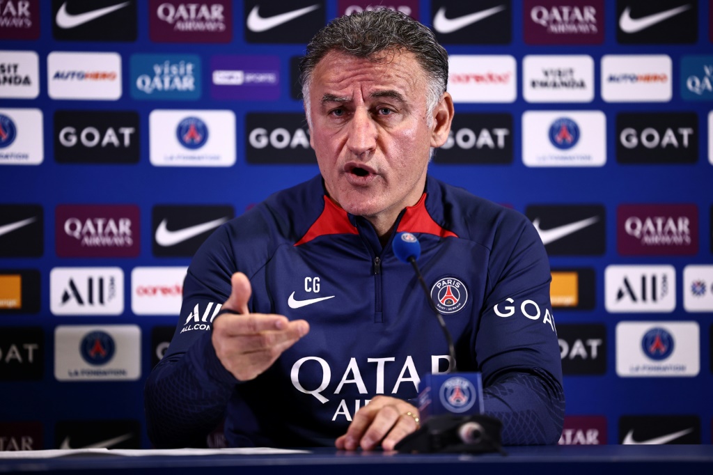L'entraîneur du PSG Christophe Galtier lors d'une conférence de presse à Saint-Germain-en-Laye