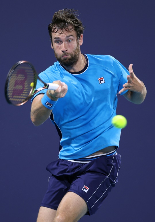 Le Français Quentin Halys en huitièmes de finale du Masters 1000 de Miami contre le Russe Daniil Medvedev le 28 mars 2023 à Miami