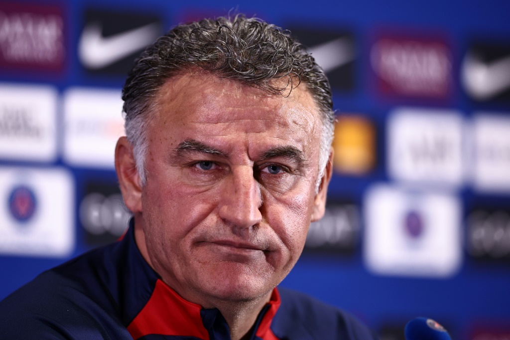 L'entraîneur du PSG Christophe Galtier lors d'une conférence de presse à Saint-Germain-en-Laye, le 14 avril 2023