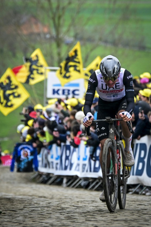 Tadej Pogacar lors de sa victoire dans le Tour des Flandres le 2 avril 2023. En 17 jours de course depuis le début de la saison, l'ogre slovène en est à onze succès (étape et général confondus)